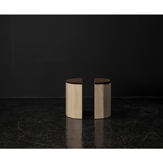 Wood Travertine Marble Column Console Tables, 1980s, Set of 2 For Sale - Image 7 of 18