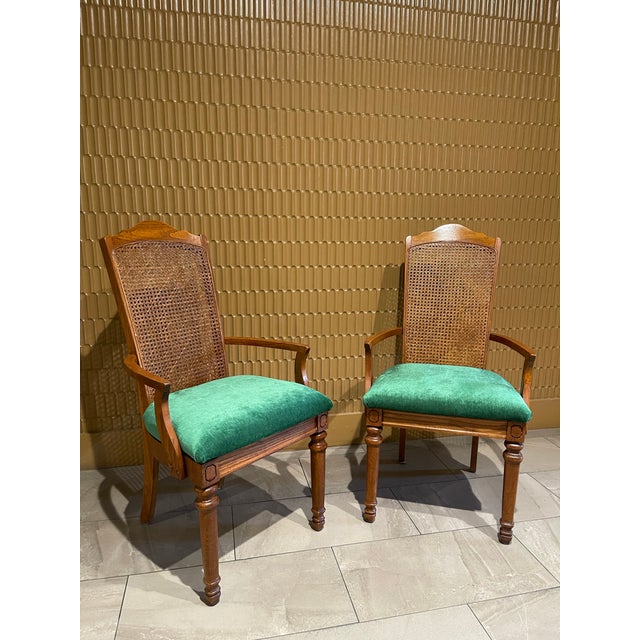 Mid-Century Modern Pair of Mid-Century Transitional Cane Back Armchairs in Everfast Billaird Green Chenille (Thomasville Ceremony Style) - Set of 2 For Sale - Image 3 of 12