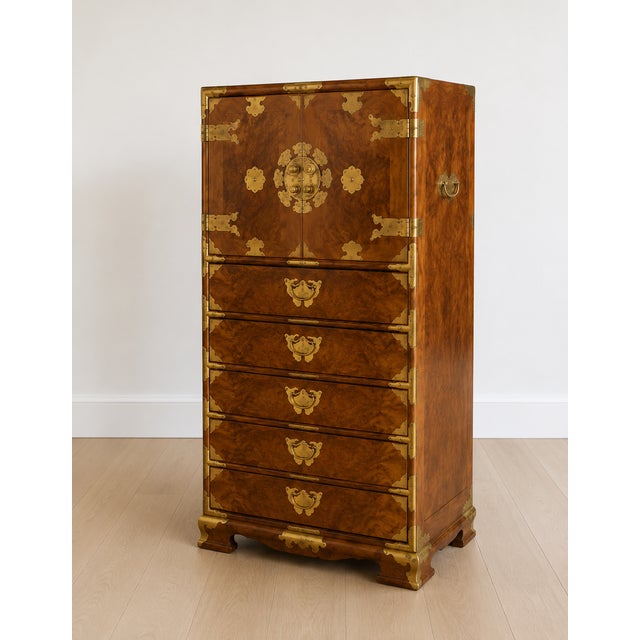 An exceptional English Campaign secretary chest crafted in richly figured walnut with striking solid brass corner mounts,...