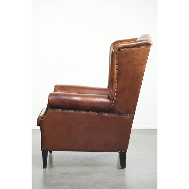 1990s Sheepskin Wing Armchair in Cognac Color For Sale - Image 5 of 13