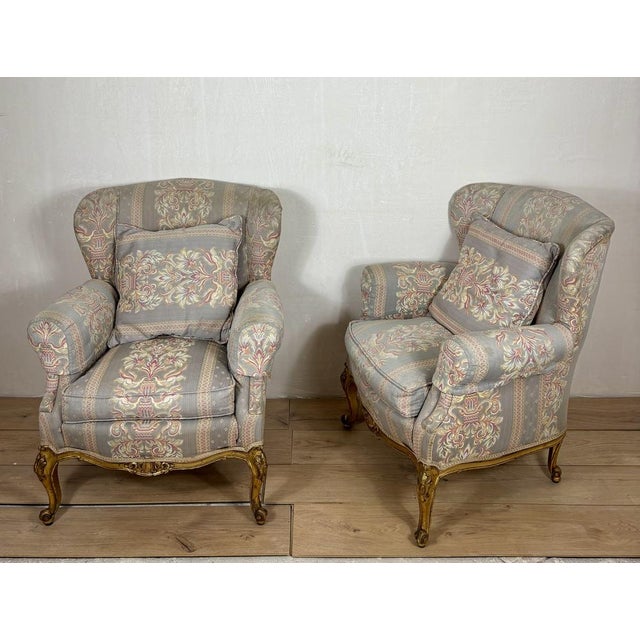 French Louis XV Style Upholstered Armchairs with Giltwood Frames, 1940, Set of 2 For Sale - Image 3 of 12