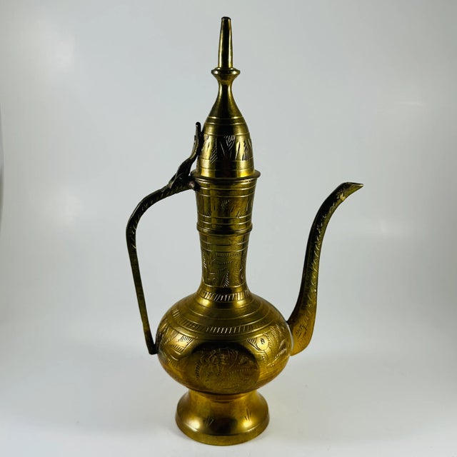Shabby Chic Vintage Brass Teapot Oil Pitcher Genie Lamp Hinged Etched Ornate, India For Sale - Image 3 of 5