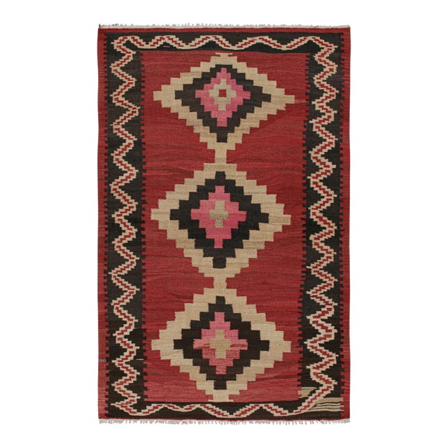 1950s Vintage Shahsavan Persian Kilim in Red, Beige & Black Patterns by Rug & Kilim For Sale