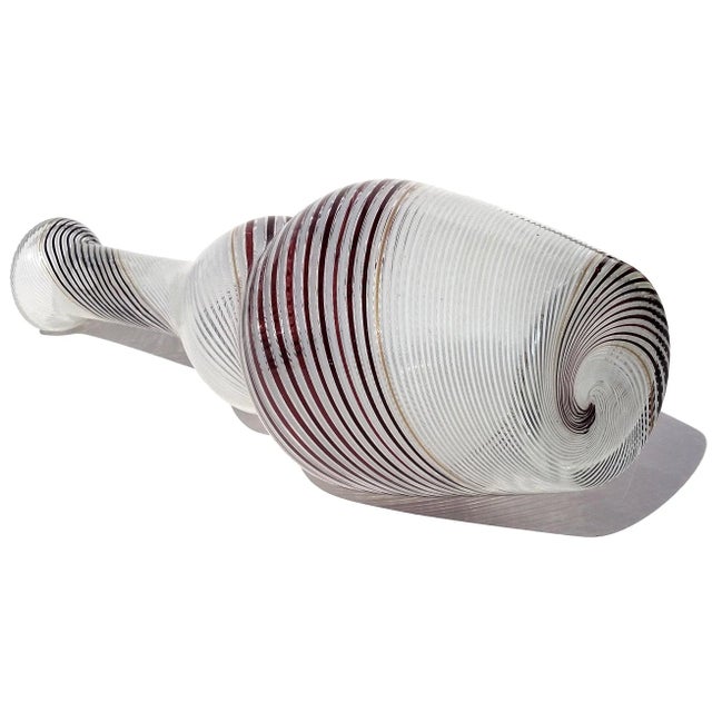 Vintage Dino Martens Murano Black White Aventurine Swirl Ribbons Italian Art Glass Flower Vase For Sale - Image 9 of 9