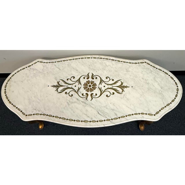 Rococo Mid 20th Century Rococo Etched Floral Motif Marble Top Giltwood Coffee Table For Sale - Image 3 of 10