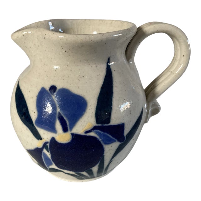 Vintage Blue & Gray Stone Ware Signed Eligible Pitcher For Sale