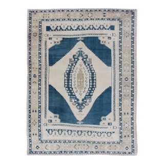 Vintage Hand Knotted Turkish Oushak Rug With Central Medallion in Blue and Cream For Sale