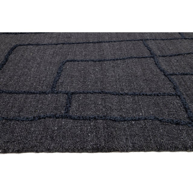 Textile 10 X 14 Modern Hand Loom Wool Rug With Blue Abstract Design For Sale - Image 7 of 9