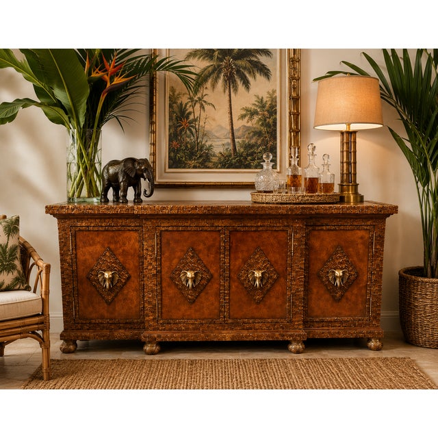 Maitland-Smith Attributed Tessellated Coconut Shell & Bronze Elephant Sideboard Server Description: A striking Maitland-...