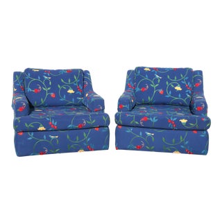 Crewel Embroidered Floral Strawberry Club Chairs - a Pair For Sale
