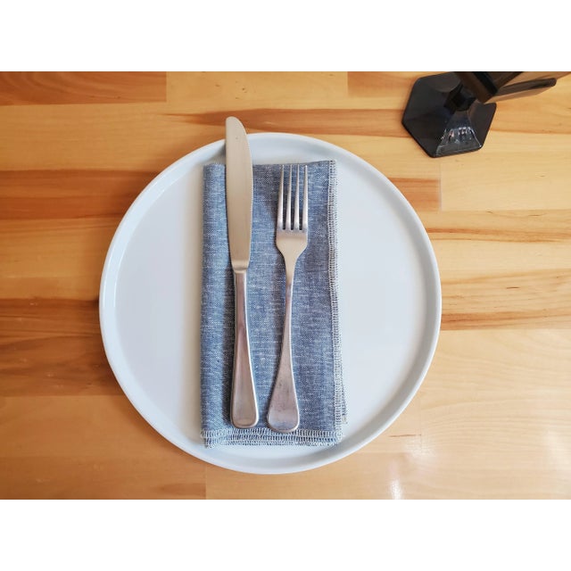 Modern Linen Napkins in Light Blue Yarn Dyed With White Overlock Edging - Set of 4 For Sale - Image 3 of 5