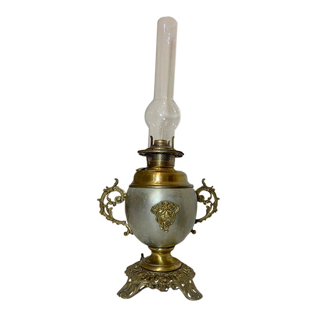 Antique Ornate 1800's Converted Art Nouveau Brass Glass Oil Table Parlor Lamp For Sale