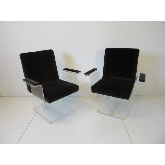 Modern Vladimir Kagan Upholstered Lucite Pedestal Armchairs - A Pair For Sale - Image 3 of 12