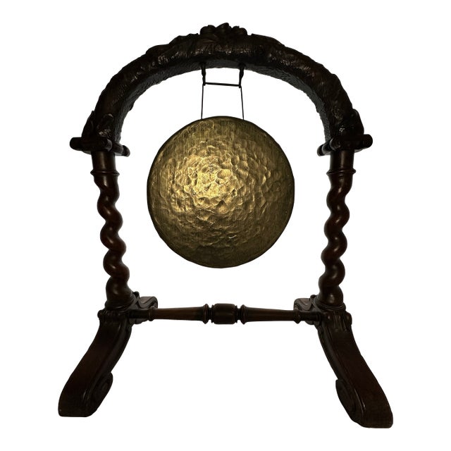 Antique English Carved Oak & Brass Dinner Gong W/ Barley Twist Legs & Mallet For Sale