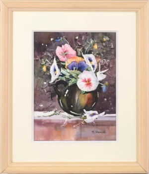 "Pansies" Contemporary Floral Still Life Watercolor Painting by Marilyn Simandle, Framed