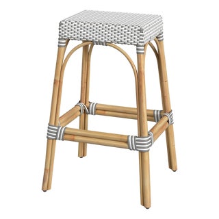 Robias 30 in. Seat Height Rectangular Rattan Backless Bar Stool, Gray/White Dot / Natural Rattan Frame For Sale