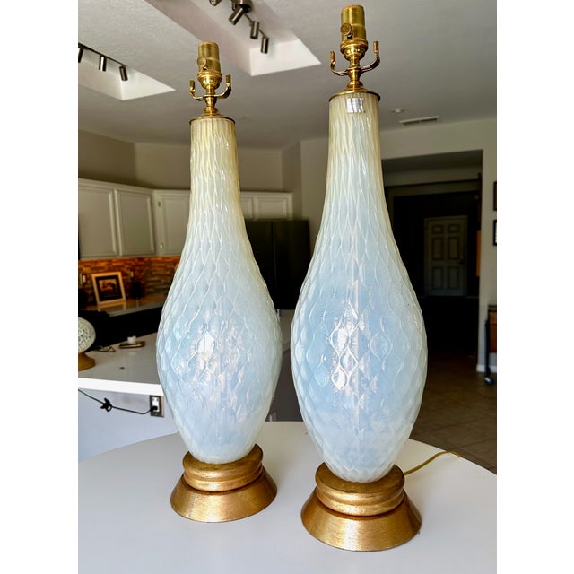 1950s Large Murano Opalescent Blue Gold Inclusions Table Lamps - a Pair For Sale - Image 4 of 18
