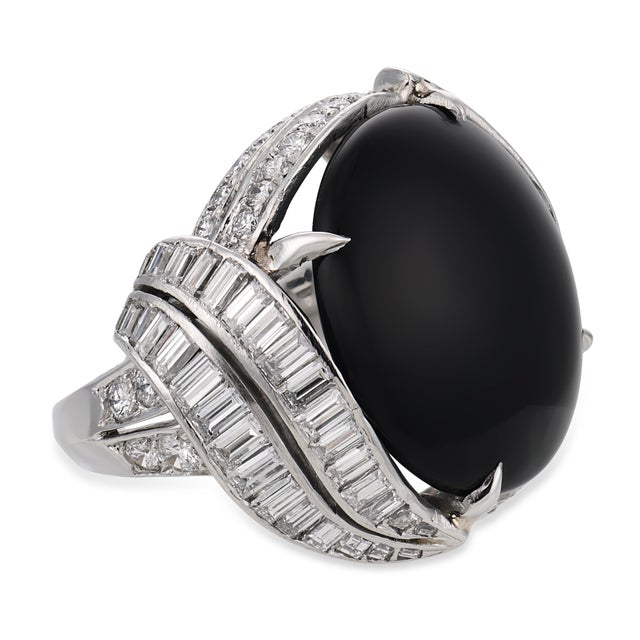 Mid Century Onyx Diamond Platinum Cocktail Ring, Size 5.75 For Sale - Image 4 of 6