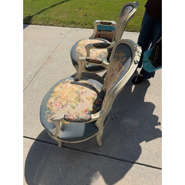 Antique French Louis XV Style Needlepoint Arm Chairs Pastoral Scene Tap Pair Excellent condition Seat height is 14.5in...