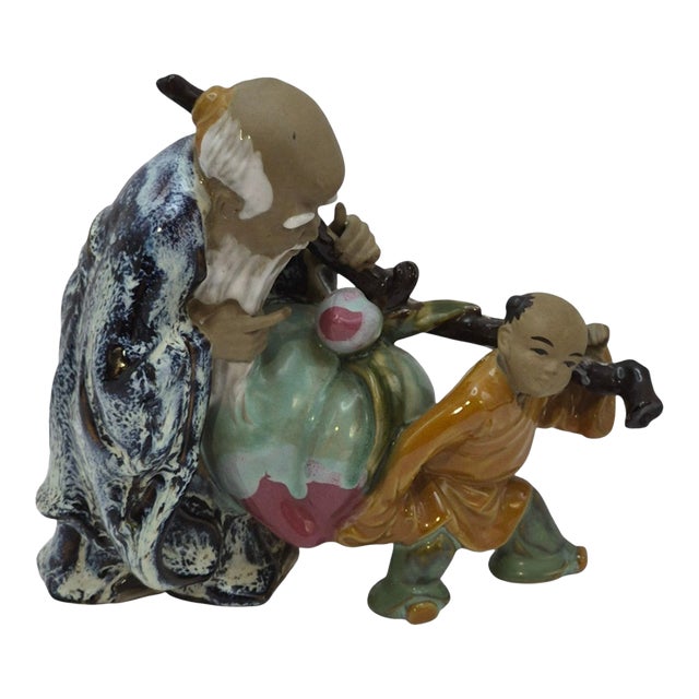 Vintage Longevity Wise Man Asian Figurine Shiwan Immortal Mudmen For Sale