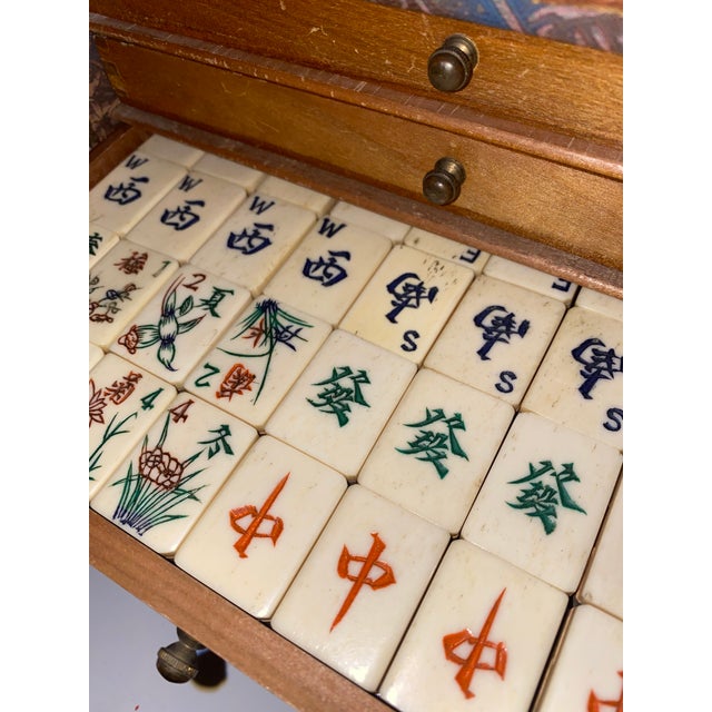 Wood Antique Mahjong Drawer Game Set in Beautiful Wood and Fabric Case For Sale - Image 7 of 9