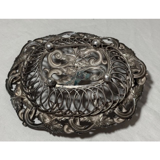 Share Antique Ornate Handmade Silver Plate Repousse Candy Dish Bowl Handle Reticulated For Sale - Image 9 of 10