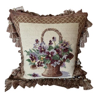 1990s Vintage Pansies in Basket Floral Needlepoint Accent Pillow For Sale