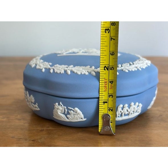 Wedgwood Vintage 1970 Wedgwood Made in England Blue Jasperware Round Trinket Box For Sale - Image 4 of 11