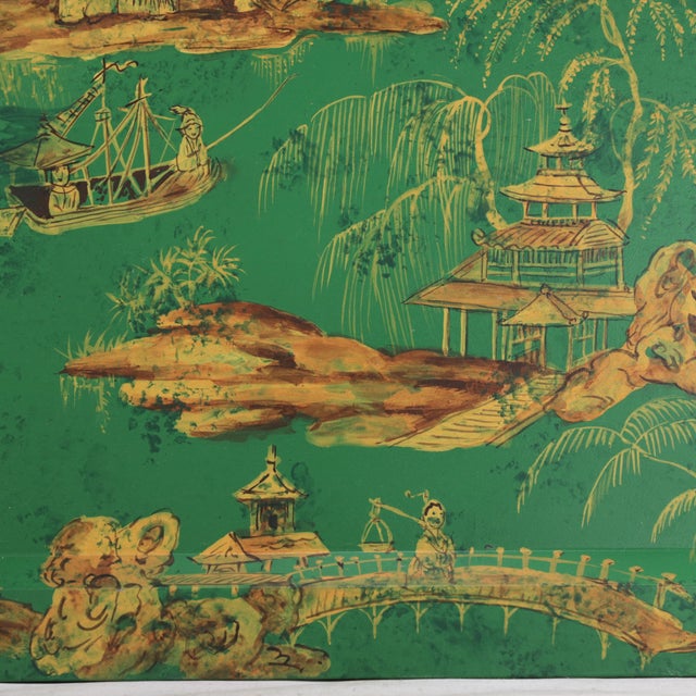 Vintage Hand Painted Chinoiserie Tole Tray Emerald Green and Gold Lacquer Rectangular Serving Tray For Sale - Image 13 of 16