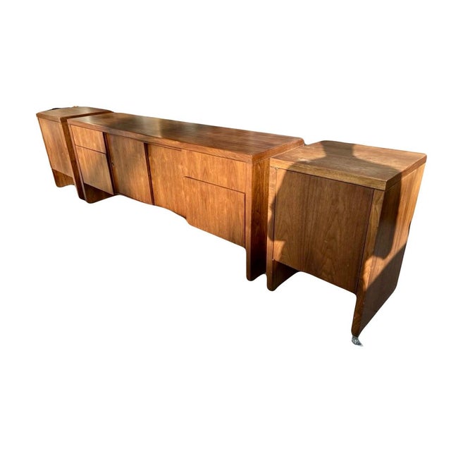Beautiful, clean lines on this mid century solidly constructed credenza with two matching cabinets. Made by Golden Oak NC...