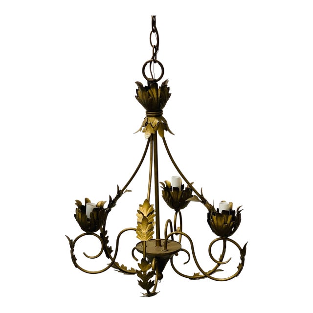 Hollywood Regency Gilded Tole Chandelier For Sale