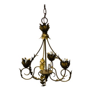 Vintage Hollywood Regency Gilded Tole Chandelier For Sale