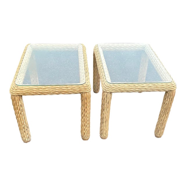 1960’s Vintage Pair of Glass Top Wicker Side Tables For Sale