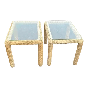 1960’s Vintage Pair of Glass Top Wicker Side Tables