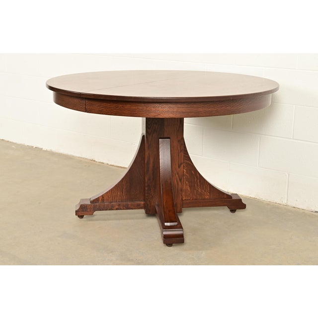 Stickley Brothers Stickley Brothers Antique Mission Oak Arts & Crafts Pedestal Extension Dining Table, Newly Refinished For Sale - Image 4 of 15