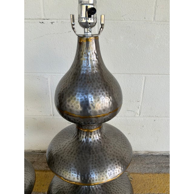 Stylish Arteriors Sawer Hammered Lamps - Pair. Hammered gourd body, brass accents. Original Retail $860 each. Showroom...