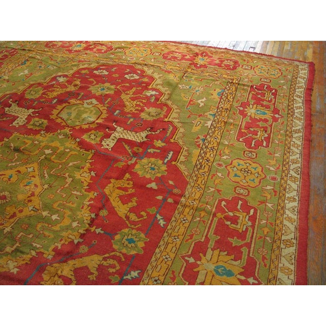 1900s Green Red Animalistic Antique Turkish Oushak Rug 11' 8"x 16' 3" Handknotted Wool Carpet For Sale In New York - Image 6 of 7