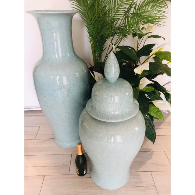 Vintage Extra Large Chinese Celadon Crackle-Glazed Altar Vase With Flaring Neck and Matching Ginger Jar- 2 Pieces For Sale - Image 10 of 12