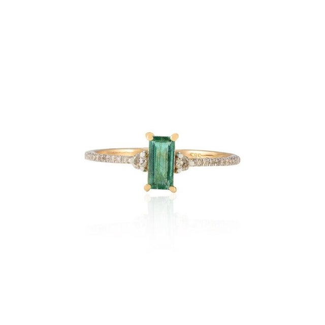 Minimalist Emerald Diamond Everyday Ring 14k Solid Yellow Gold Size 7 For Sale - Image 4 of 6