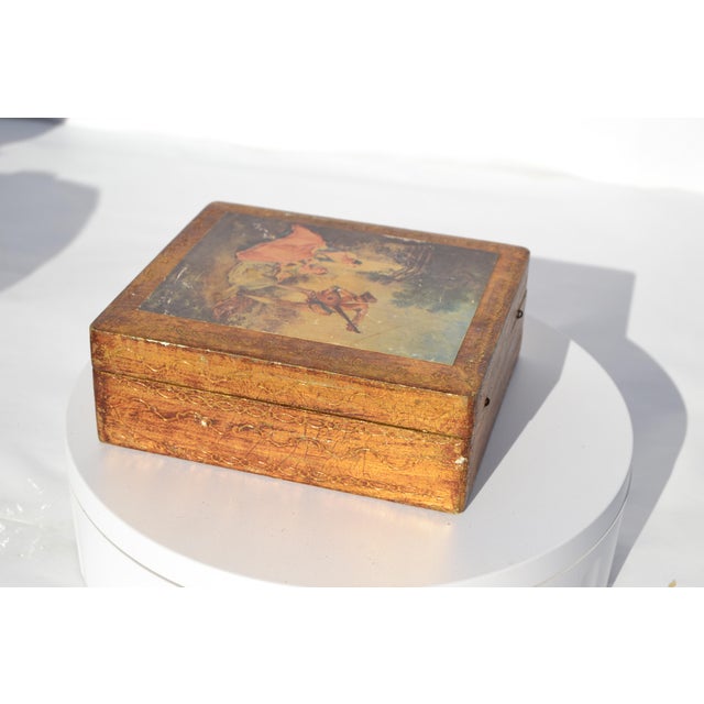 Gold Florentine Italian Wooden Box of Men Serenading Lady For Sale - Image 4 of 10