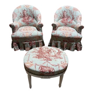 Set of Napoleon III toile De Jouy Armchairs and Ottoman, Set of 3 For Sale