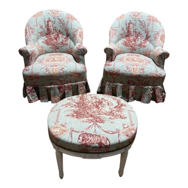 Set of Napoleon III toile De Jouy Armchairs and Ottoman, Set of 3 For Sale