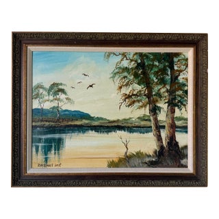 1980’s Vintage Rockwell Kent Tropical Lake Landscape Oil on Board Painting, Framed For Sale