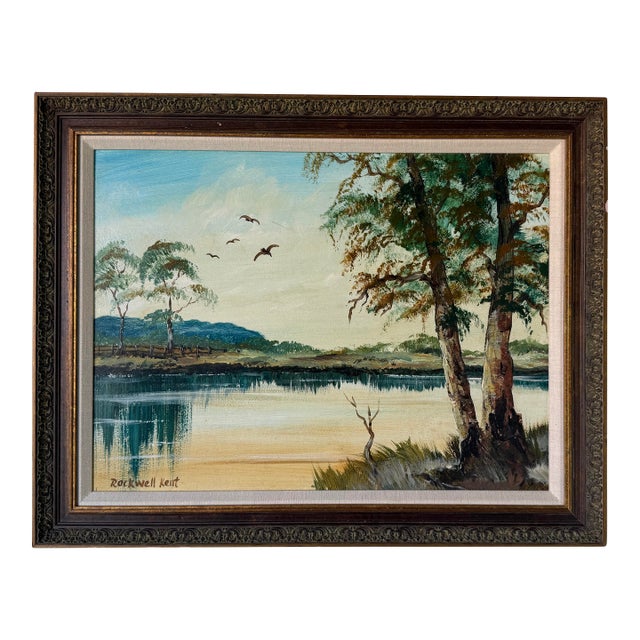 1980’s Vintage Rockwell Kent Tropical Lake Landscape Oil on Board Painting, Framed For Sale