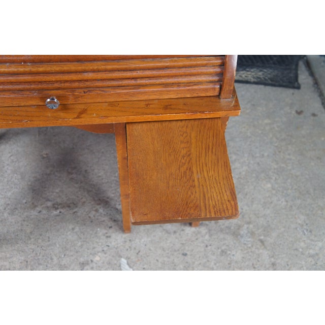 Wood Antique Victorian Oak Childs Cylinder Roll Top Library Writing School Desk Table For Sale - Image 7 of 12