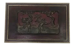 19th Century Chinese Bas Relief Red & Gold Wood Carving Framed Art