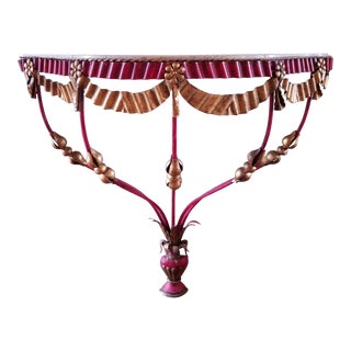 1960's Italian Red and Gilt Tole Marble Top Console For Sale