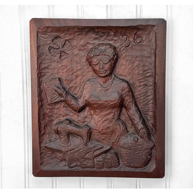 Rustic Antique Folk Art Carved Mahogany Women Wall Hanging Panel For Sale - Image 3 of 10