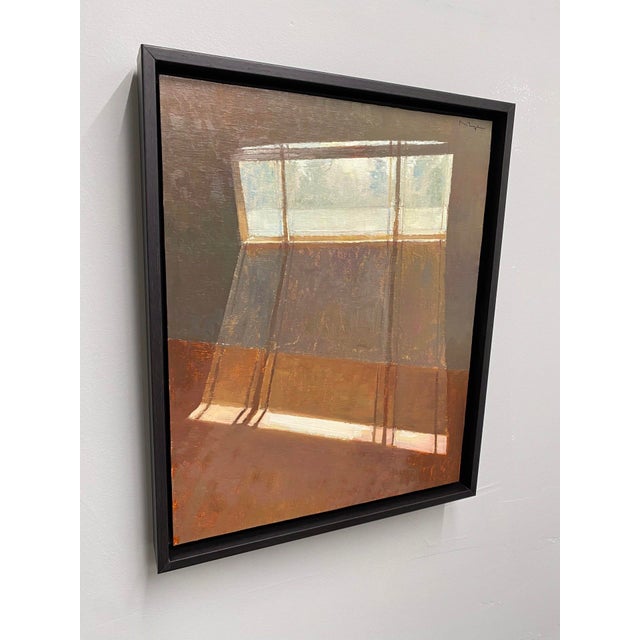 Warm Light by Riley Doyle | Oil on linen mounted on panel depicting a window with soft shadows. For Sale - Image 4 of 5