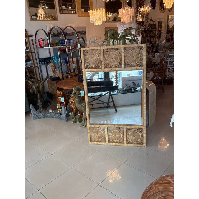 Wood Vintage Palm Beach Spun Woven Wicker Rattan Sunburst Starburst Wall Mirror Large For Sale - Image 7 of 11
